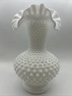 Vintage Large Fenton White Milk Glass Hobnail Ruffled Crimped Edge Vase 10.5”