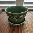 McCoy Pottery Green Greek Key & Hobnail Planter 3 in w/ Attached Saucer MCM