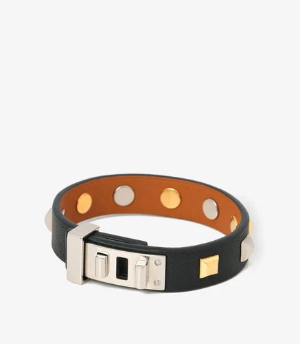 Bracciale Hermès in pelle nera rapida mini cane Clous Carres