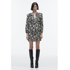 Zara Floral Print Ruffled V Neck Mini Dress Black White Women M