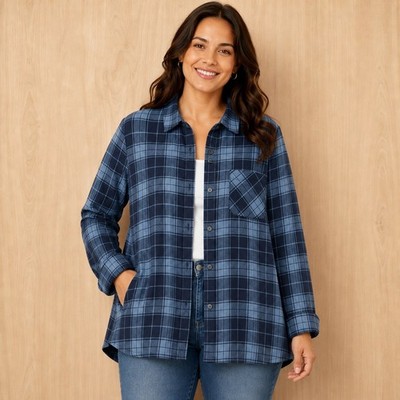 J. Jill Blue Black Plaid Button Down Shirt Cotton Double Faced Pockets Large