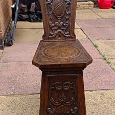 Antique Wooden Chair Carved Back & Seat Brown Dark Wood 100cm H 40x30cm