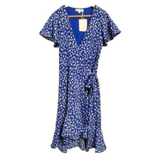 NWT Miss Floral Blue W/ White Daisy Short Flutter Sleeve Wrap Dress Size S UK 10