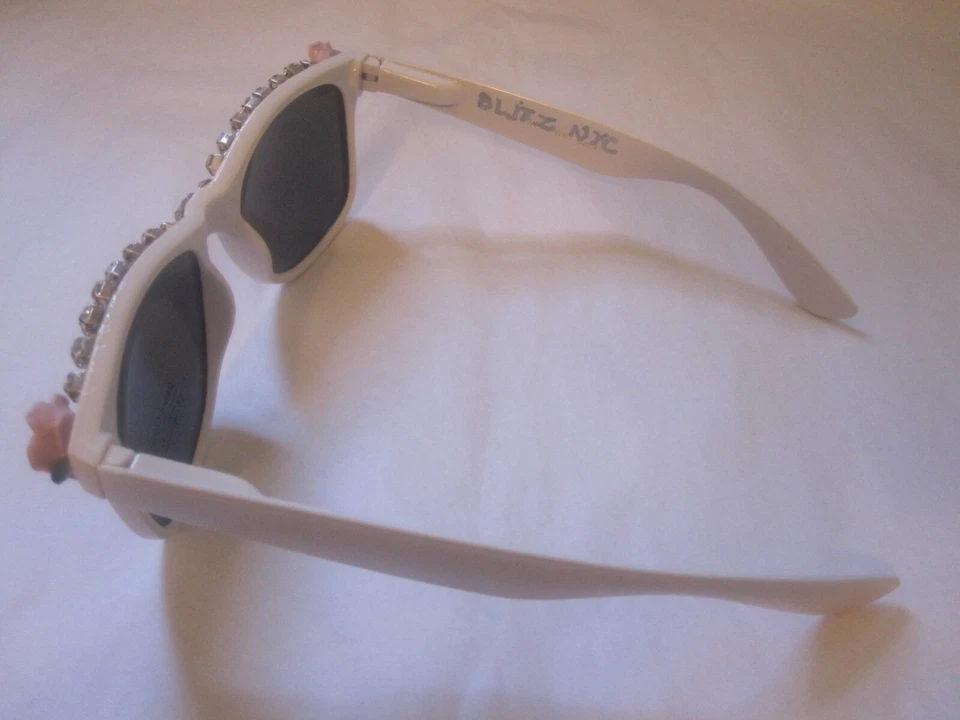 Rhinestone White Sunglasses Woman's UV Retro Pink Roses Unique Handmade Lovely - Image 2 of 2