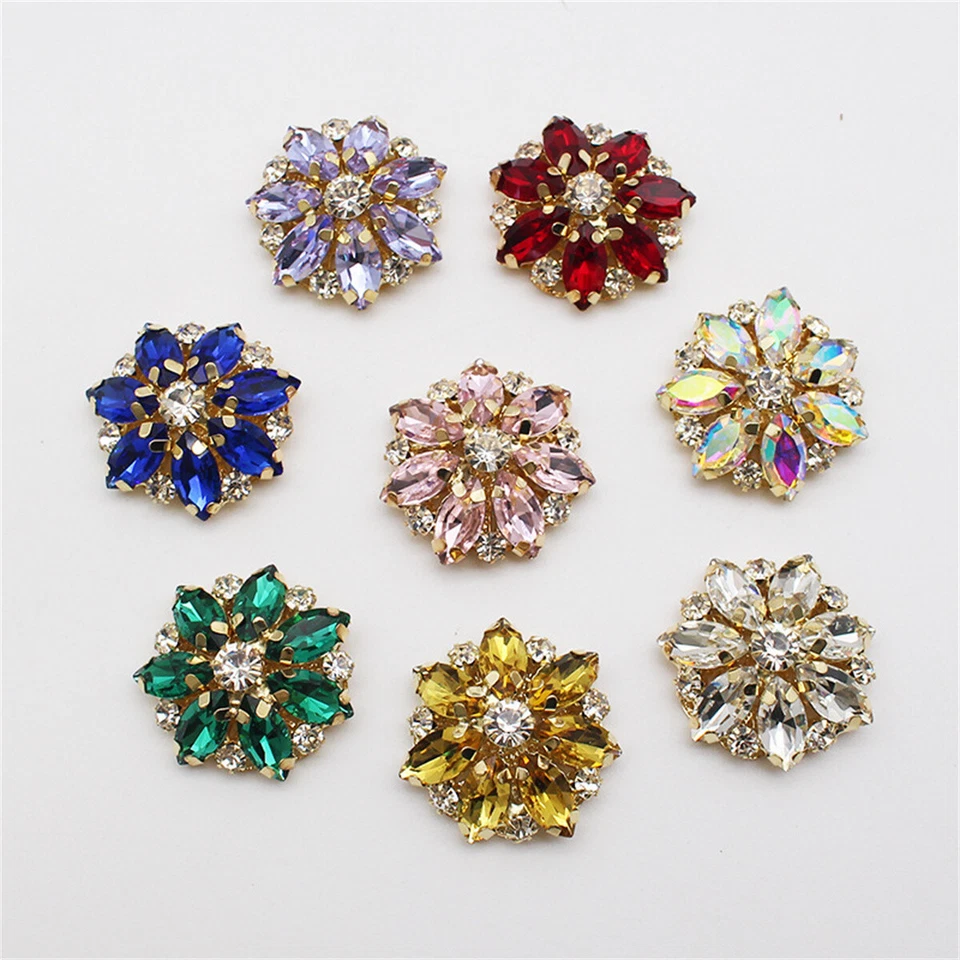 2PCS Flower Rhinestone Flat Buttons Sewing Clothing Decor DIY Craft Accessories - Image 2 of 4