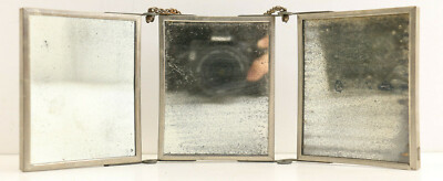 Antique 3-Ring 3.5x4'' Travel Vanity Beauty Hangs 2-Ways! Leather Bound E.C.Depos