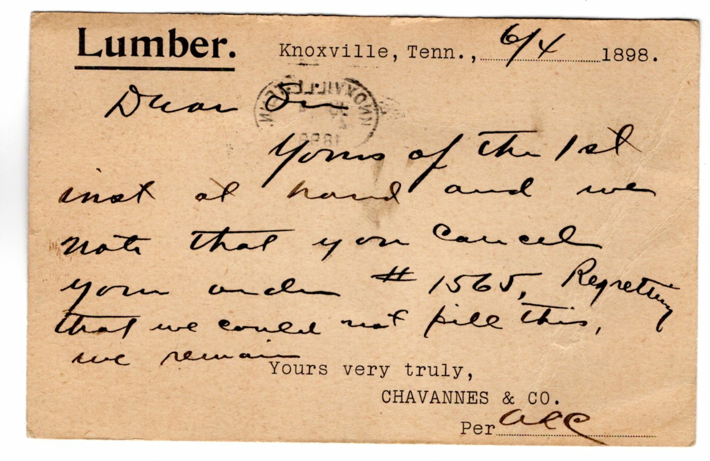 CHAVANNES & CO., KNOXVILLE, TENNESSEE ON ONE CENT POST CARD 1898