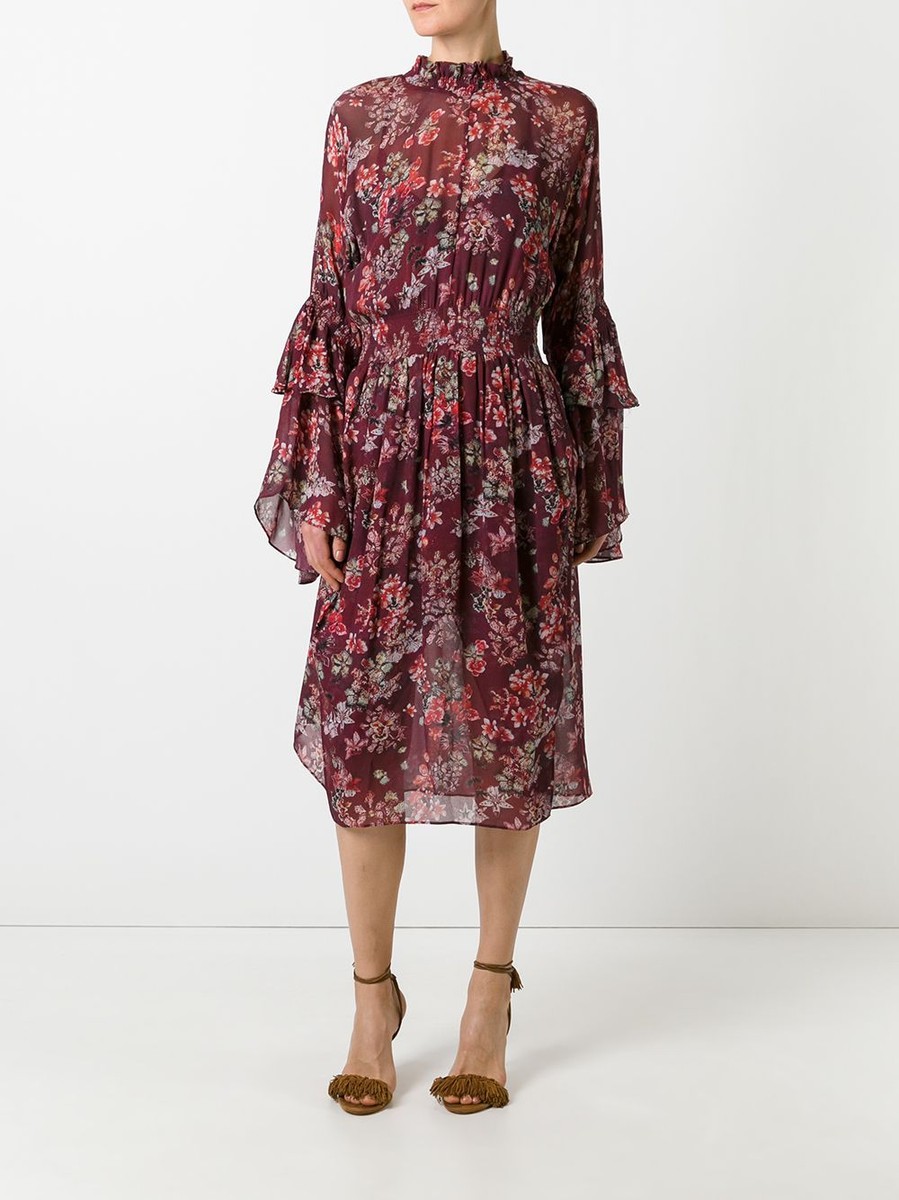 IRO Floral Print Smocked Georgette Long Bell Sleeve Ruffle Midi Dress 38 =  6 US | eBay