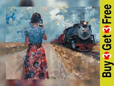 Vivid Impasto Traditional Train Scene Painting Print 5"x7" on Matte Paper