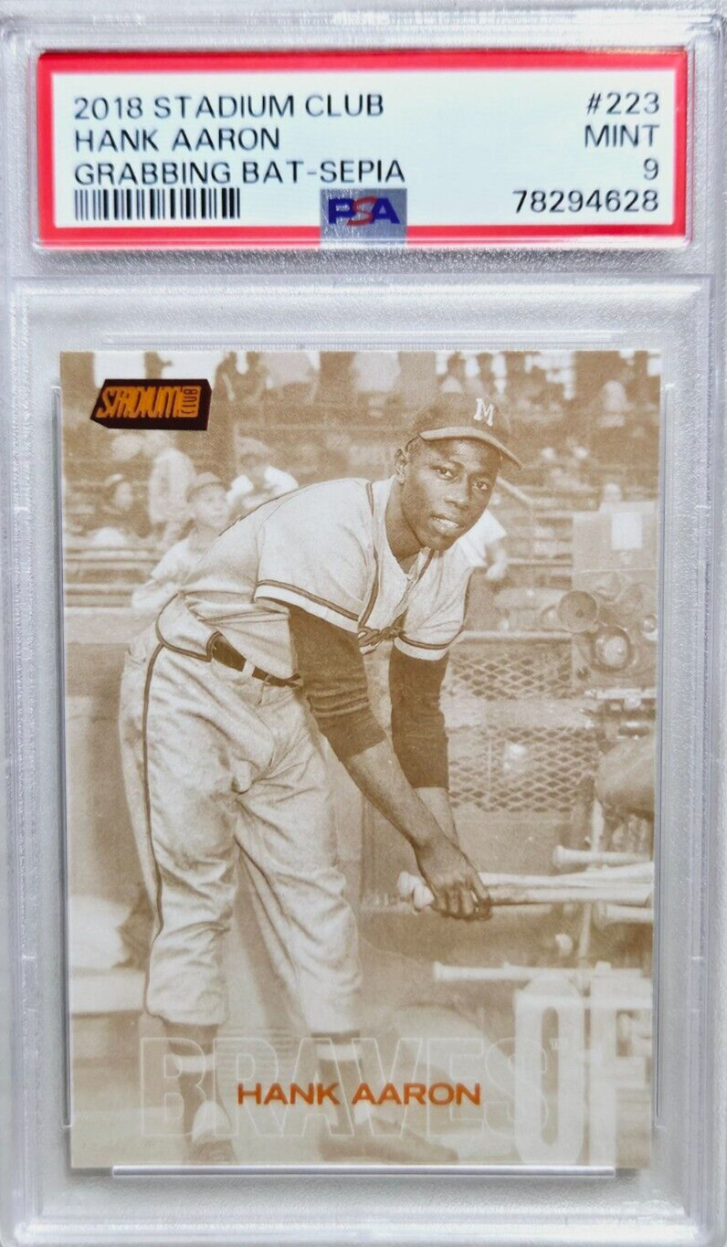 2018 Topps Stadium Club #223 Hank Aaron Orange Sepia SP Baseball Card PSA 9 Mint