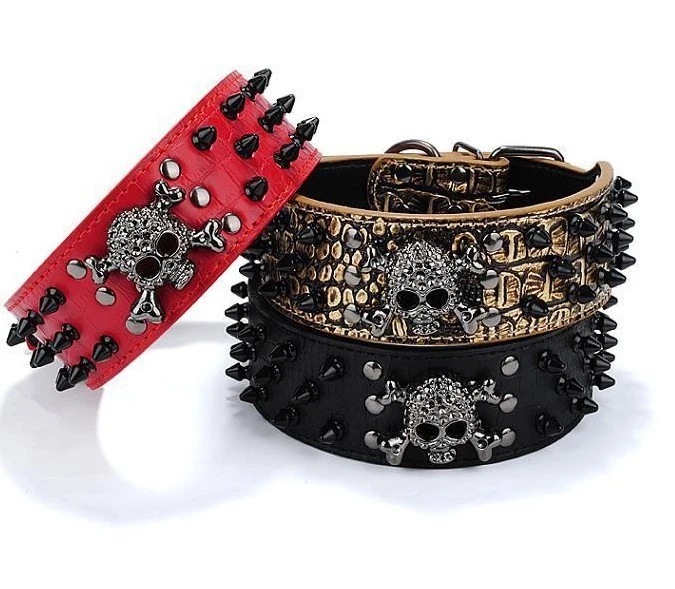 Large Spike SKULL Stud Metal Dog PU Leather Collar Pit Bull Mastiff Rivet-ANIMAL - Image 3 of 3