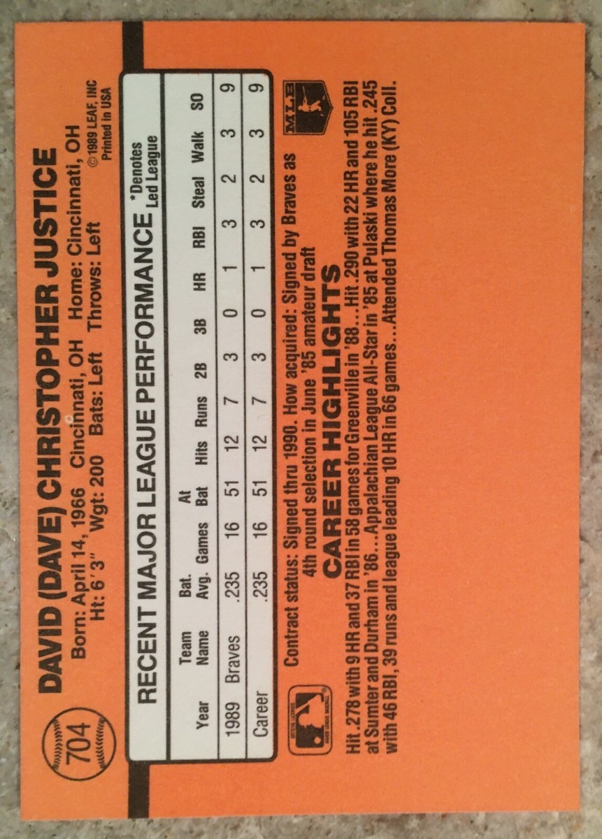 1990 Donruss David Justice Rookie Double Error Card No Dot/Period