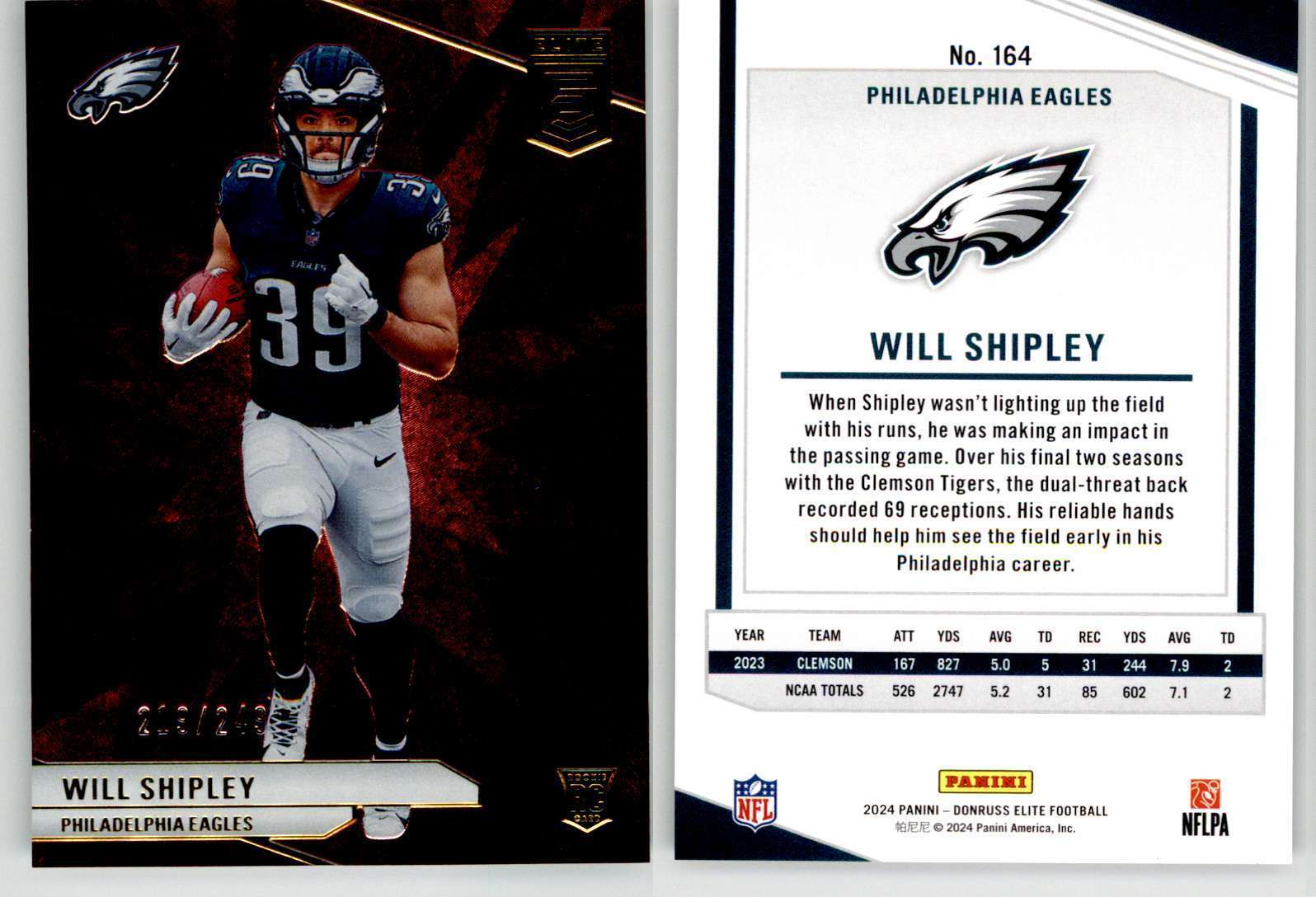 Will Shipley 2024 Donruss Elite Marroon #164 /249 Clemson Eagles RC Rookie
