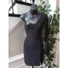 J. Our Knee Length Bodycon Dress Women Medium Black Solid Sexy One Shoulder Off