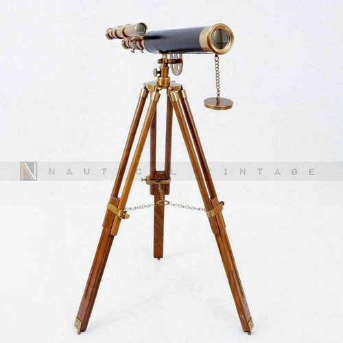 Antico telescopio marino doppio barilotto 18" ottone nautico con supporto treppiede in legno - Foto 1 di 5