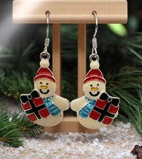 Snowman Christmas Gift Earrings Silver Tone Dangle Drop Enamel Winter