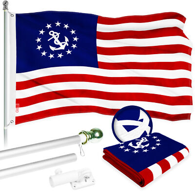 Combo: 5 Ft Flagpole Silver & American Yacht Ensign Flag 2.5x4 Ft Emb 300D Poly
