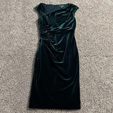 Lauren Ralph Lauren Dress Womens 0 Green Velvet Ruched Sheath Cap Sleeve Formal