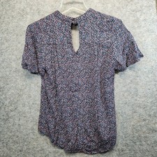 Maeve Blue Ditsy Print Keyhole Front/Back Flutter Sleeve Curved Hem Top Size S