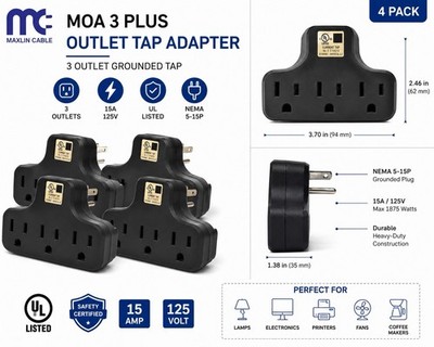 MAXLIN Cable MOA 3 Plus 15A Grounded Outlet Tap Adapter 3-Prong Plug 4 Pack