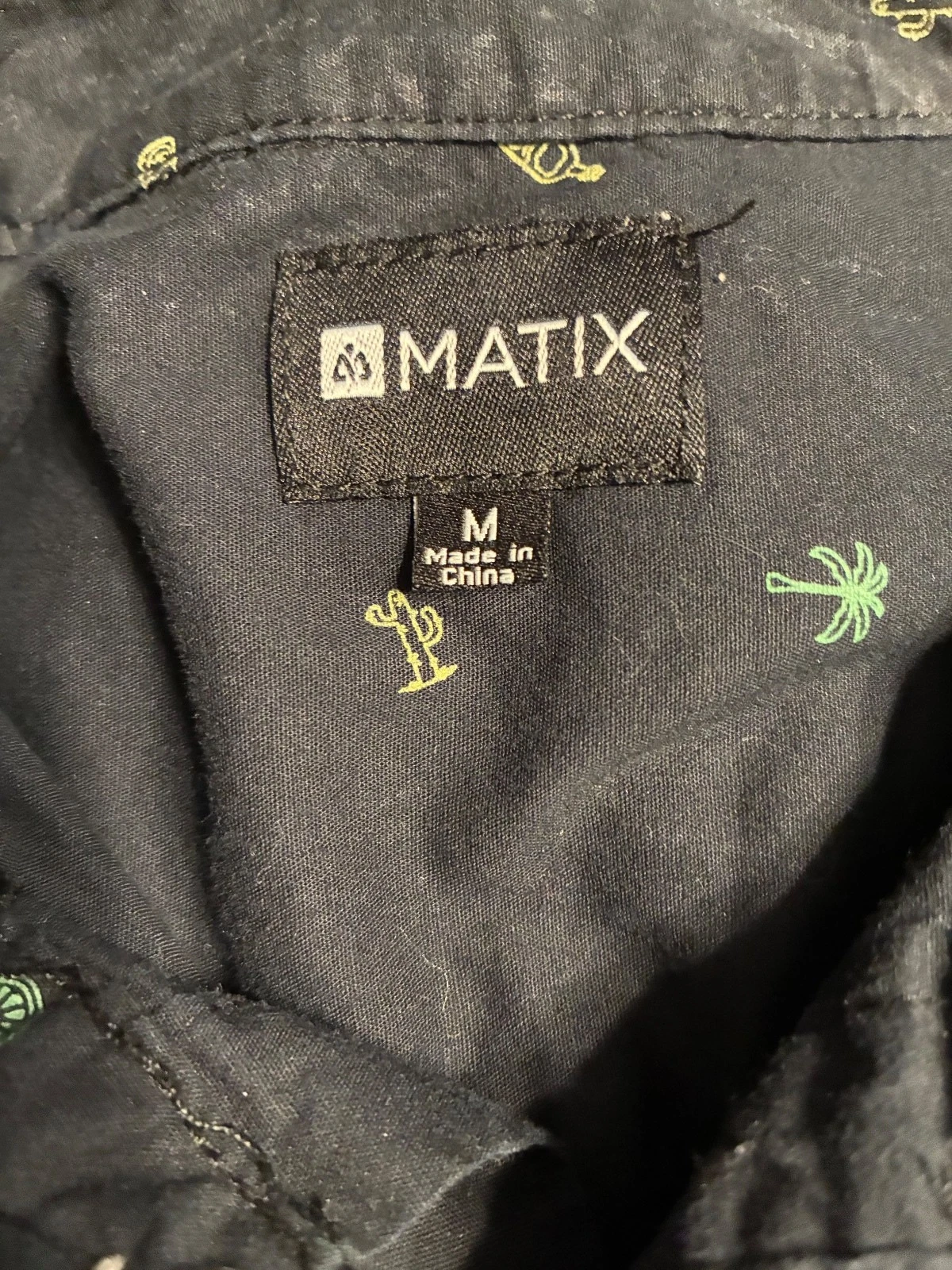 Matix Mens Black Tropical Micro Print Short Sleeve Button Down Shirt Medium M image 2