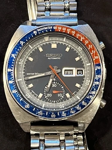 Vintage 1973 Seiko Blue Pogue 6139-6005 Steel Automatic Chronograph Watch