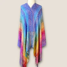 Gypsie Blu Pashmina Viscose Rainbow Paisley Ombre Fringed Scarf Shawl Wrap New 