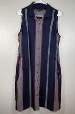 Tommy Hilfiger sleeveless striped Midi dress size L Red White Navy Button Down