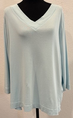 Chico s Blue V-Neck Long 100% Pima Cotton Knit Top 3/4 Sleeves Size 4 (XXL)
