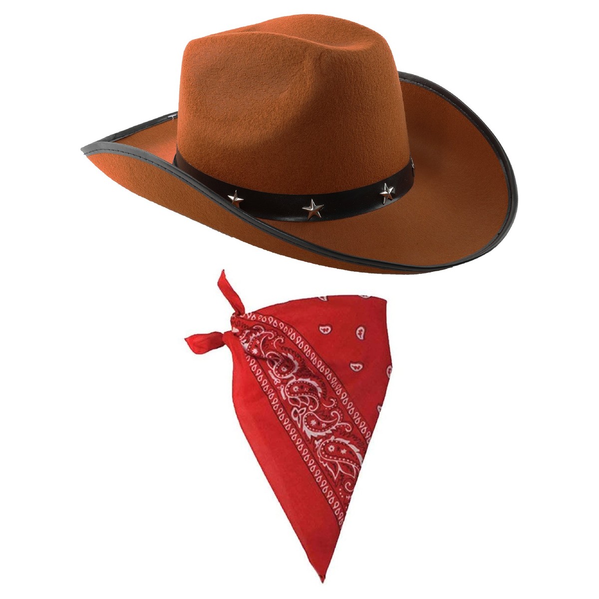 Brown Cowboy Hat Red Bandana Set Fancy Dress Costume Wild West