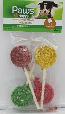 Paws Happy Life Dog Chews Munchy Real Beefhide Lollipops 4 Pack Plain Flavor 5in