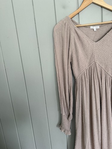 Abito midi Baltic Born Lainey smocked S piccolo beige a pois svizzero boho contadino - Foto 4 di 7