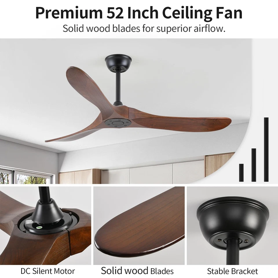 52 Inch Ceiling Fans Without Lights Solid Wood Ceiling Fan with Remote Contro... - Image 2 of 4