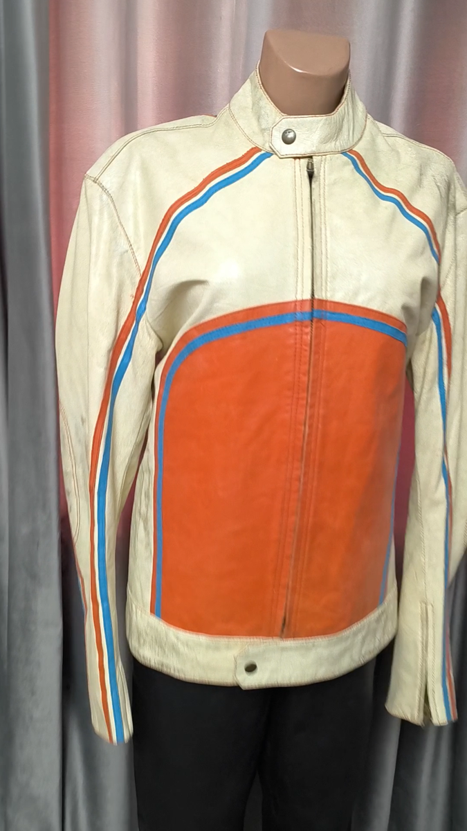 Jack & Jones Vintage Leather Jacket XL Cream Orange Racing Biker