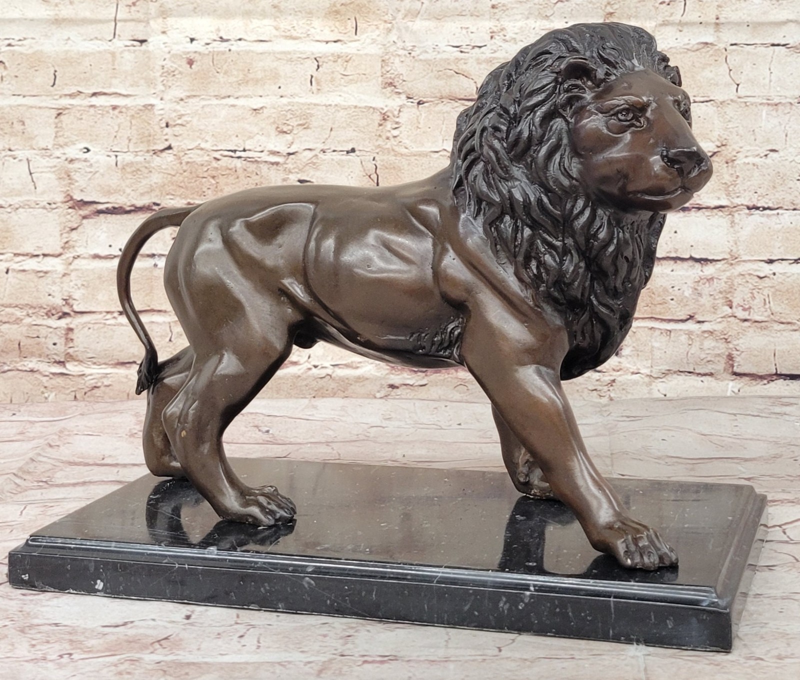 Real Bronze Metal Statue on Marble Base Male Lion Sculpture Art Deco Figurine