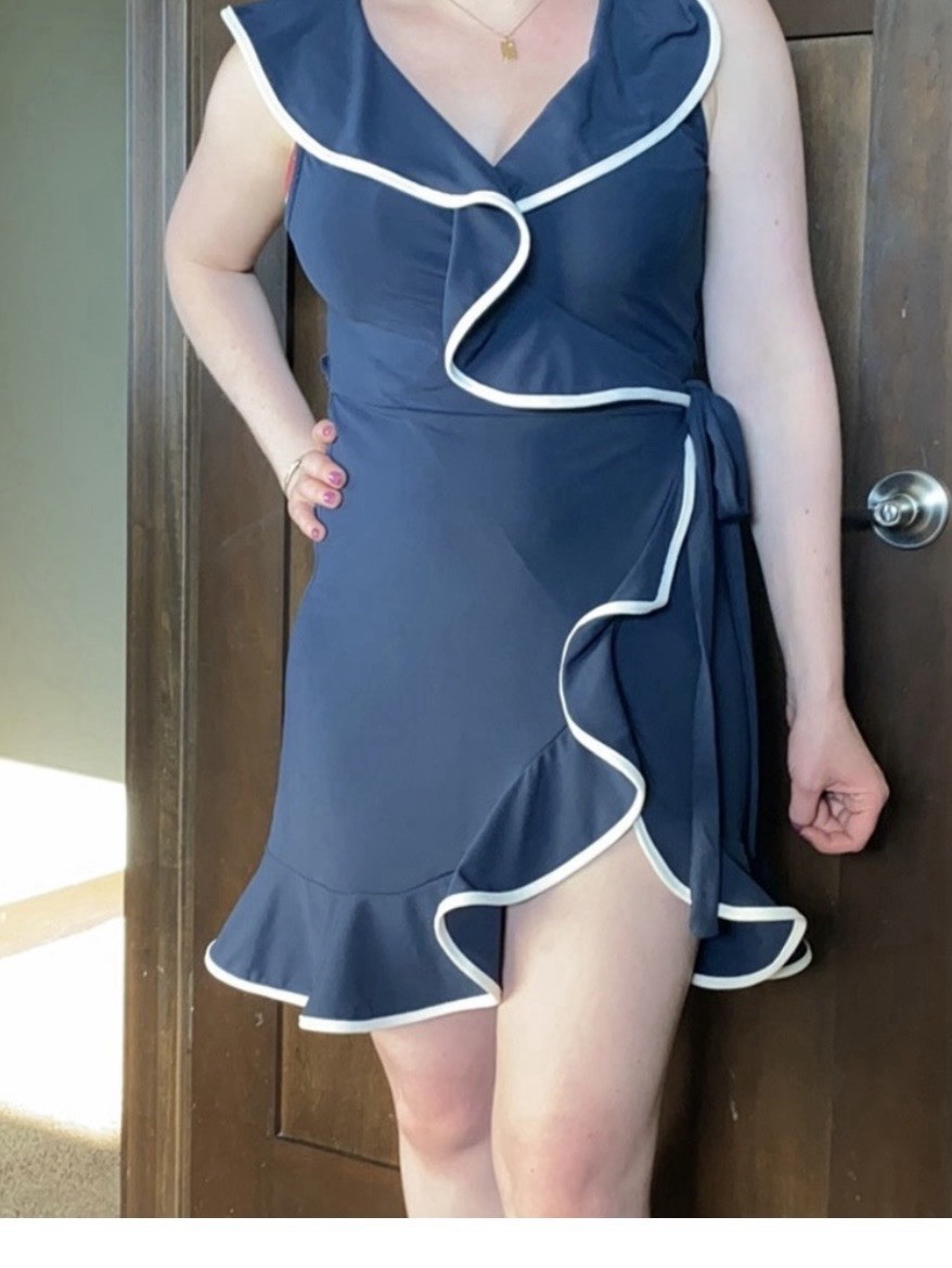 She + Sky Navy White Ruffle Tie Wrap Mini Dress V-Neck Strappy Sleeveless Size M