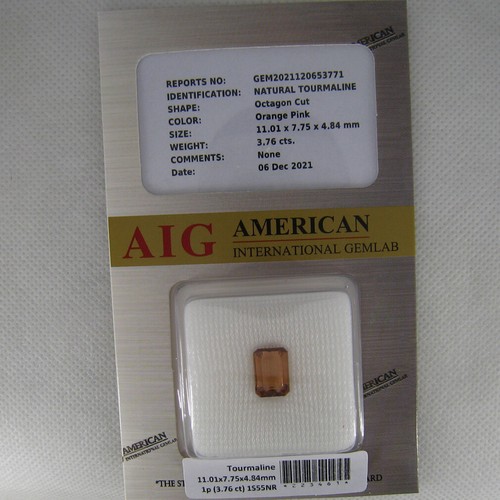3.76 ct AIG Certified Octagon Cut (11 x 8 mm) Orange Pink Tourmaline Stone - Picture 2 of 2