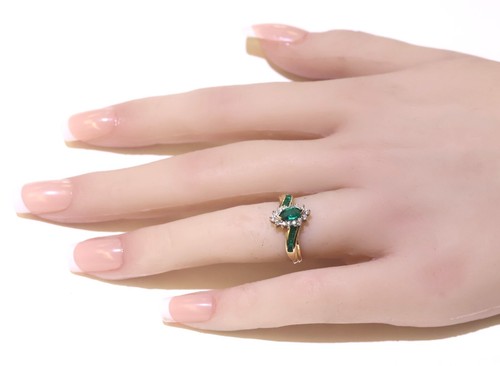 Anillo de piedras preciosas marquesa esmeralda natural diamante SI2 H oro amarillo 10k 2,5 g - Imagen 6 de 8