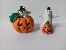 Lot Of 2 Handpainted Ceramic Ghosts & Jack O Lantern Lightable Halloween Decor