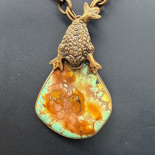 ๐ 1993 Stephen Dweck Bronze Fish Pendant Necklace | 32โ Chain 3โ Natural Stone - Picture 3 of 8