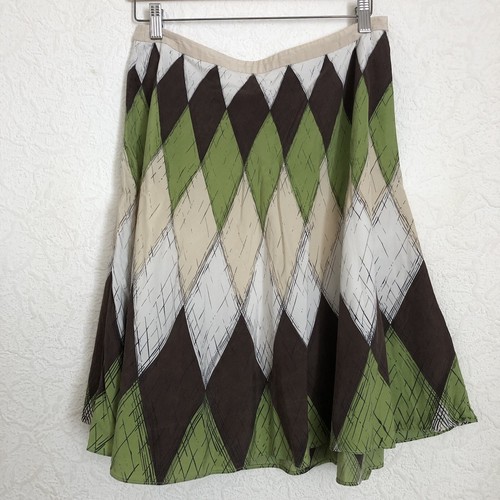 COAST Silk Cotton Lined Argyle A-Line Skirt GREEN BROWN UK12 - Picture 4 of 16