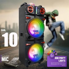 Dual 10" Subwoofer Bluetooth Speaker 9000W Rechargable w/LED DJ FM Party Karaok