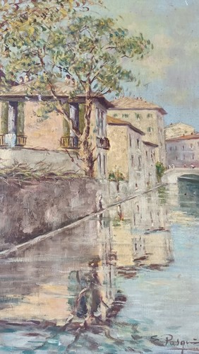 QUADRO OLIO DI S. PASQUINI -"VECCHIA MILANO.IL NAVIGLIO DI SAN DAMIANO" - Photo 7/8