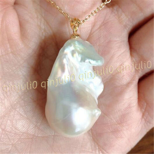 Riesige 20-25 mm Natur Weiß Barock Perle Anhänger Halskette Gold Kette 18 Zoll - Bild 2 von 7