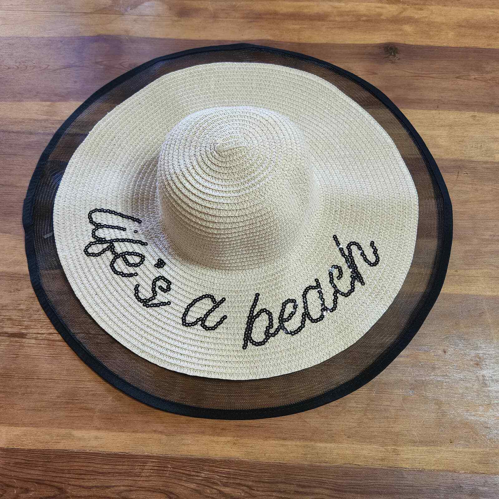 Lifes a Beach Sequined Straw Wide Brim Hat Black … - image 2