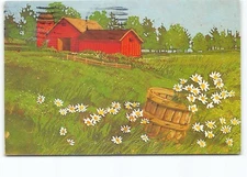 Gorgeous Artwork House Barn Field Flowers Cont Postcard Vtg Posted 1988
