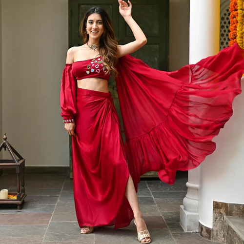 Stunning Red Silk Draped Skirt with Hand Embroidered Crop Top and attach Dupatta - Picture 6 of 7