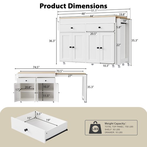 Kitchen Island 74.5 inch with Extendable Dining Table , Rolling Kitchen Island - Picture 10 of 24