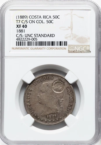 Scarce 1889 Costa Rica 50 Centavos T7 C/S On Colombia 50 Centavos NGC XF40 