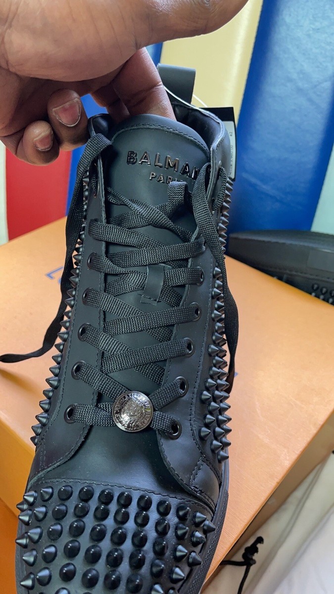 Men's Balmain Hi Top Black Leather Spikes Trainers Size UK 8 EU 42